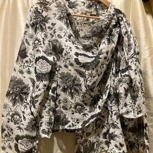 FLAX 100% Linen Large Wrap Top, Large,  Black Floral on White.